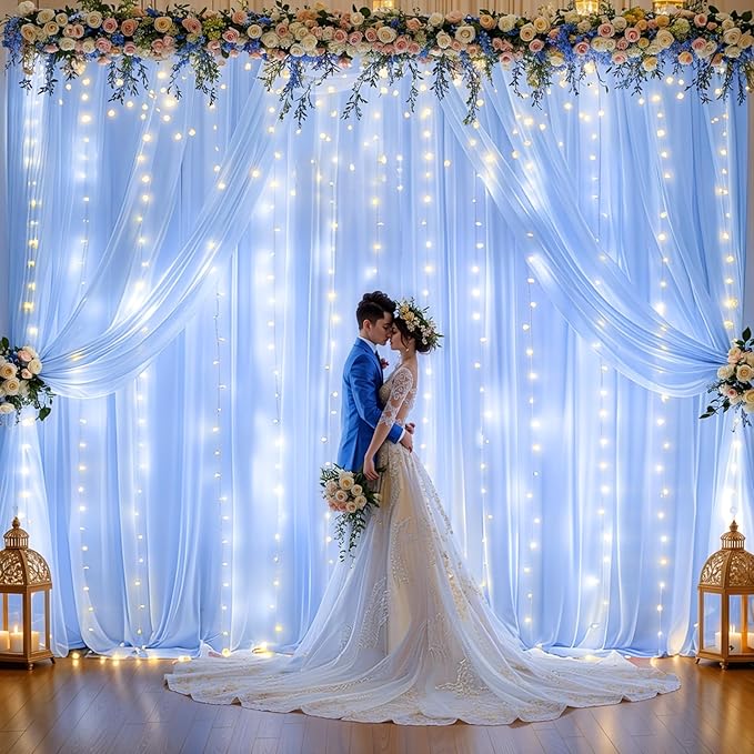 10x10ft Light Blue Chiffon Backdrop Curtain with Lights for Baby Shower Birthday Party, Sky Blue Curtain Backdrop with Lights for Wedding Parties Photo Shoot (5 x 10ft,2 Panels)