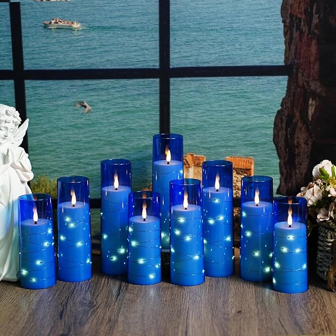 Flickering Flameless LED Candles,Battery Operated Candles 9 Pcs with Embedded Star String,Acrylic LED Pillar Candles with Remote,Suitable for Home Decoration to Create an Atmosphere (Blue)