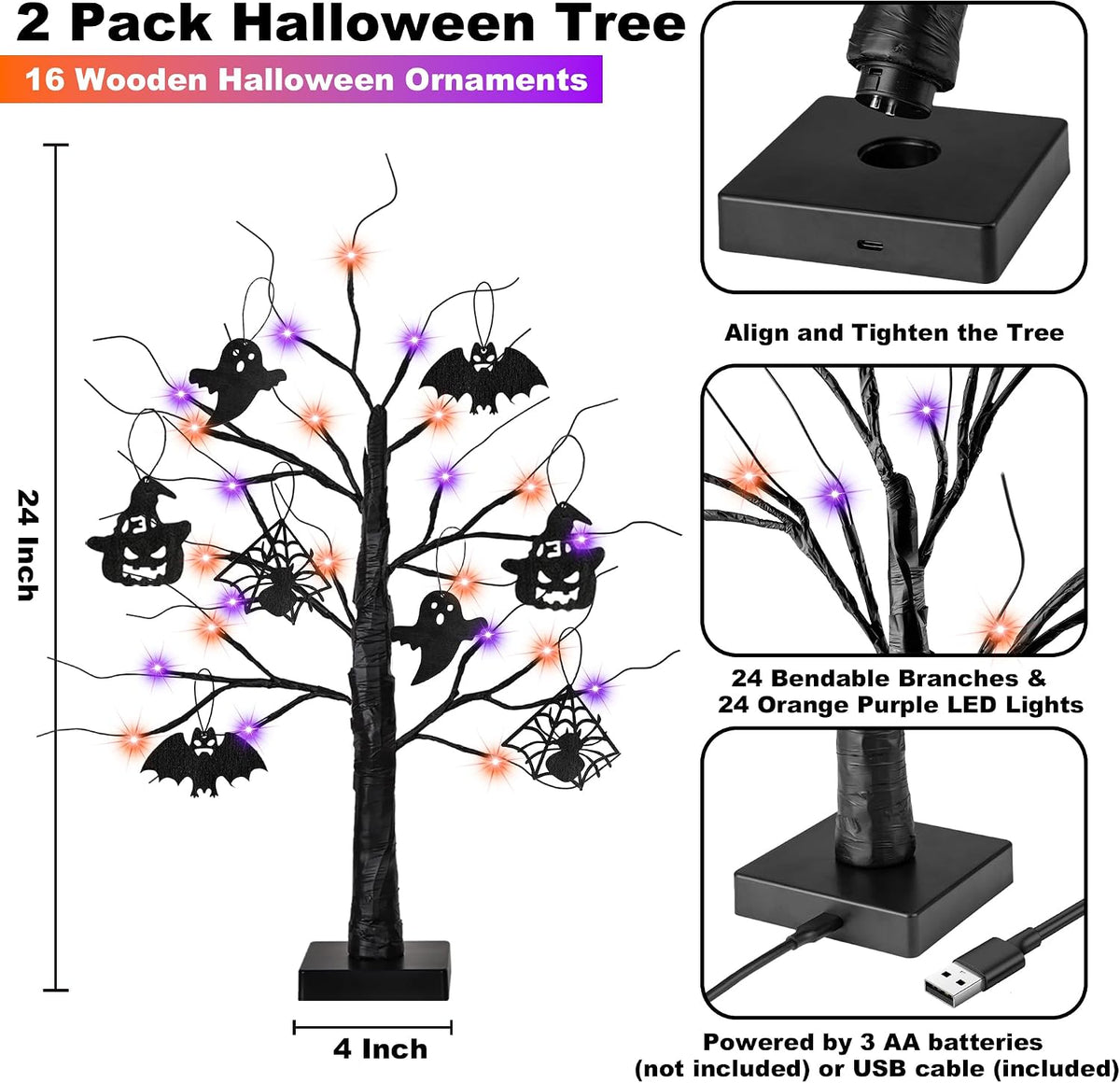 Halloween Decorations Indoor 2 Pack 24 Inch Black Halloween Tree with 24 LED Orange Purple Lights, USB/Battery Operated Halloween Table Decorations Tree Light with Timer, Scary Spooky Home Decor