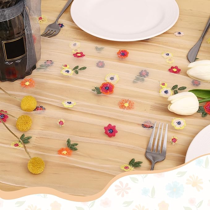 BINBE 6pcs Champagne Daisy Fall Table Runner Embroidery Gauze 10FT Florals Seasonal Tulle Holiday Birthday Kitchen Dining Table Decor for Home Party