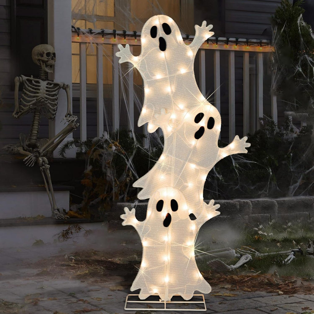 halloween lighted 3 stacked ghosts, 42’’ h pre-lit on a desk or shelf