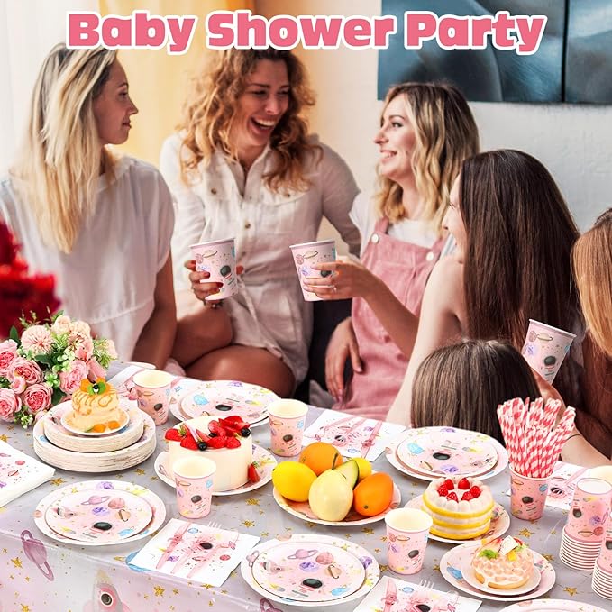 452 Pcs Pink Space Birthday Decorations for 50, Star Astronaut Paper Plates Napkins Cups Moon Tablecloth Cutlery Straws for Solar System Planets Baby Shower Party Supplies Decorations