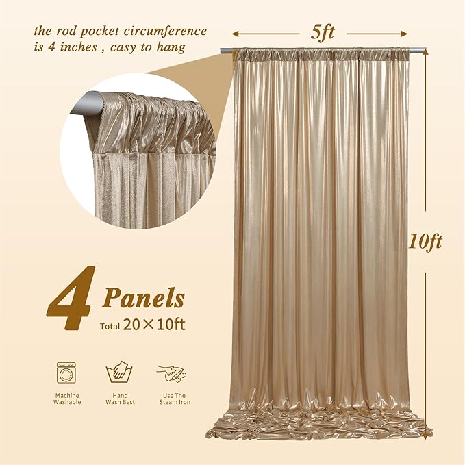 20ftx10ft Champagne Sequin Backdrop Curtain for Parties, 4 Panels Wrinkle Free Glitter Photo Backdrop Drapes Shimmer Back Drop Cloth for Wedding Birthday Christmas Photography Background