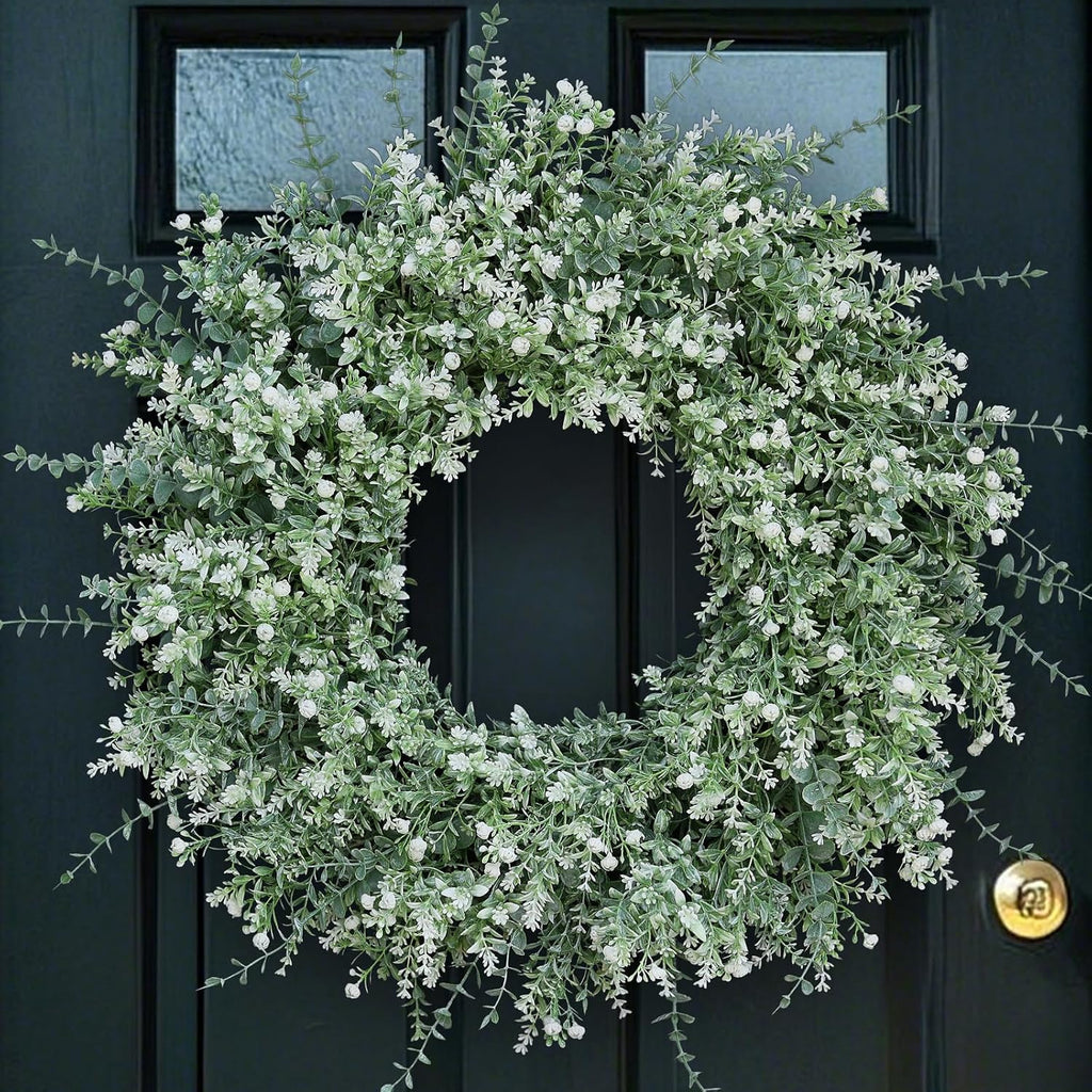 26" Large Artificial Eucalyptus Wreath for Front Door Decor (White-Green)