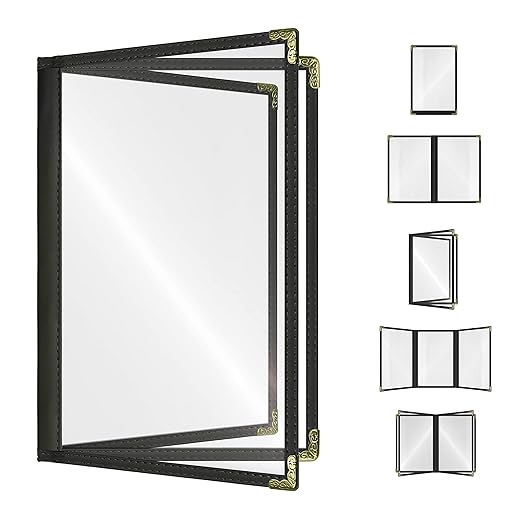 Goodsmart Restaurant Menu Covers – 25 Pack Black 6-View Booklet 5.5" x 8.5", Side-Loading Vinyl & Plastic Menu Holders, Clear Menu Sleeves, Leather-Style Café Covers with Gold Corners
