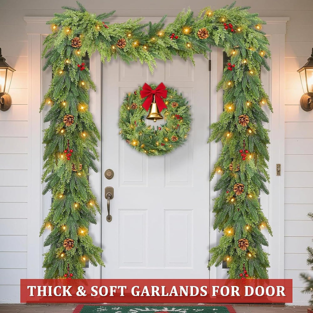 Pre-Lit 9 FT Christmas Garland with Lights Norfolk Cedar Garland Xmas Decor