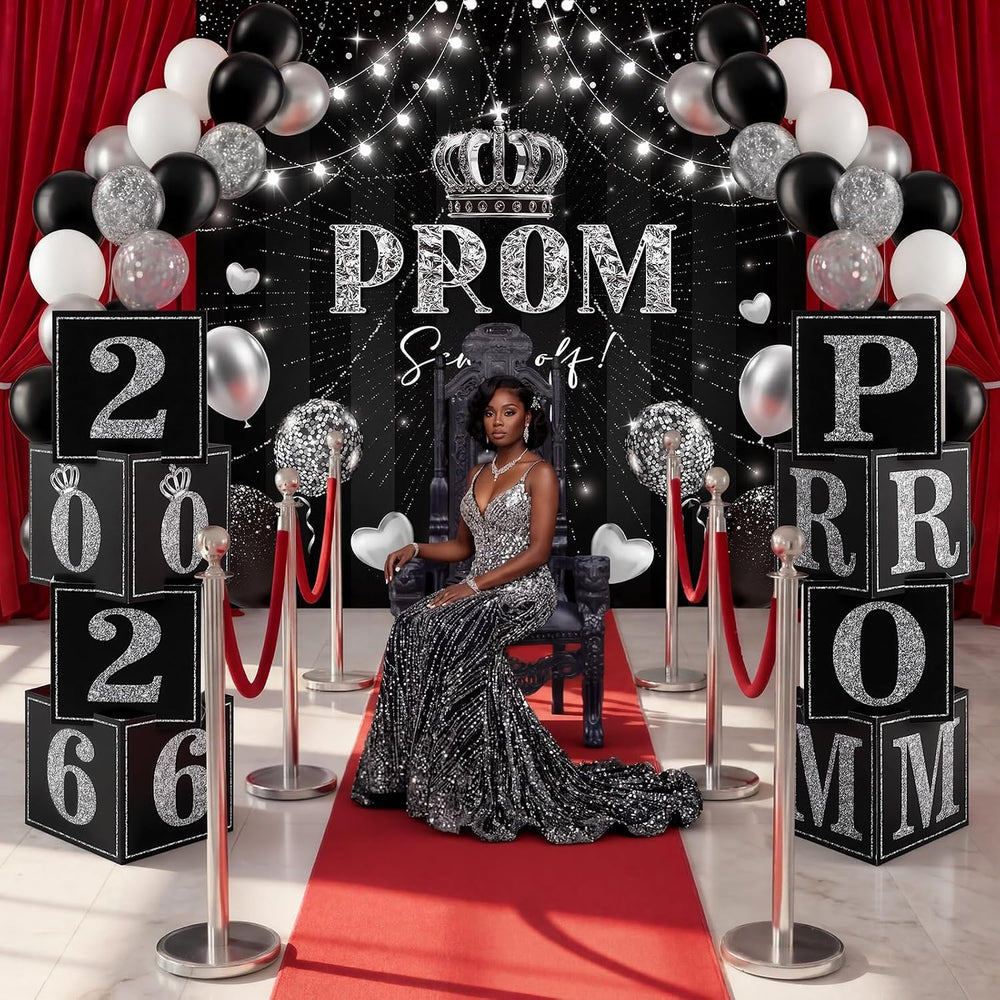 46 Pcs 2026 Prom Send Off Decoration for Home Kit 6 x 6 ft Senior Glitter Bla...