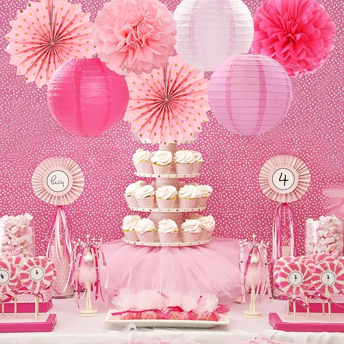 Rose Hot-Pink Party Decorations Streamers - 14pcs Girl Birthday Baby Shower Paper Lanterns Fan,Tissue Pom Poms,Honeycomb Balls,Bachelorette Bridal Wedding Engagement Supplies Decor Lasting Surprise
