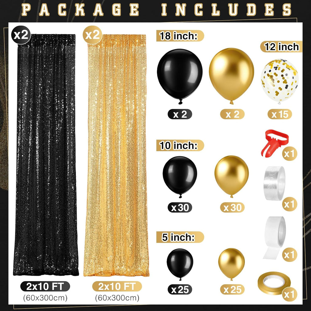 SmoothNovelty 137Pcs Black Gold Sequin Backdrop Curtain Balloon Garland