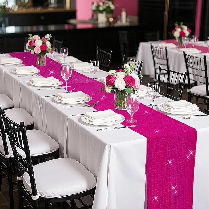 SquarePie Disco Table Runner 6 Pack - Hot Pink Mirror Sequin Glitter Foil Runner for Disco Party Decor Retro 70s 80s Theme, Bachelorette Birthday Dance Decoration 12x108 Inch (2 Pack)