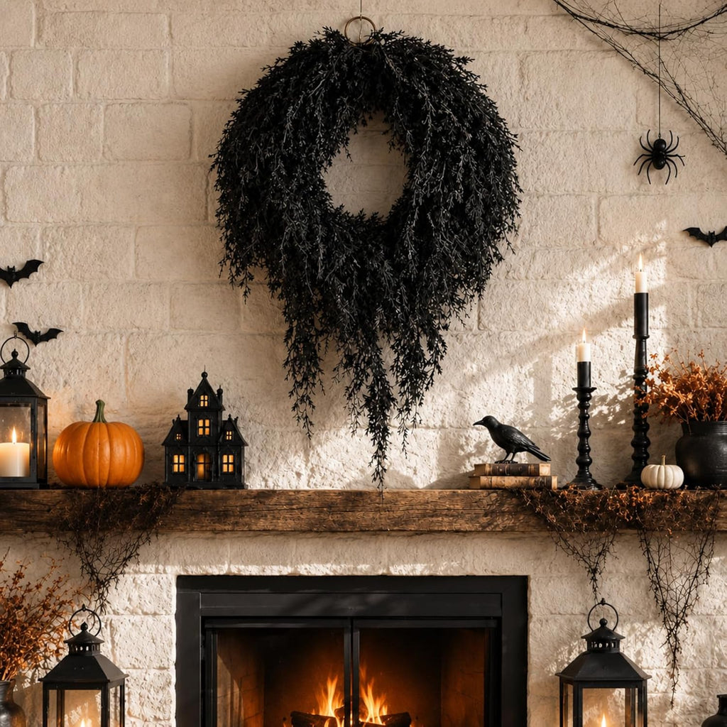 yunlly 25" dark green halloween wreath for front, side view