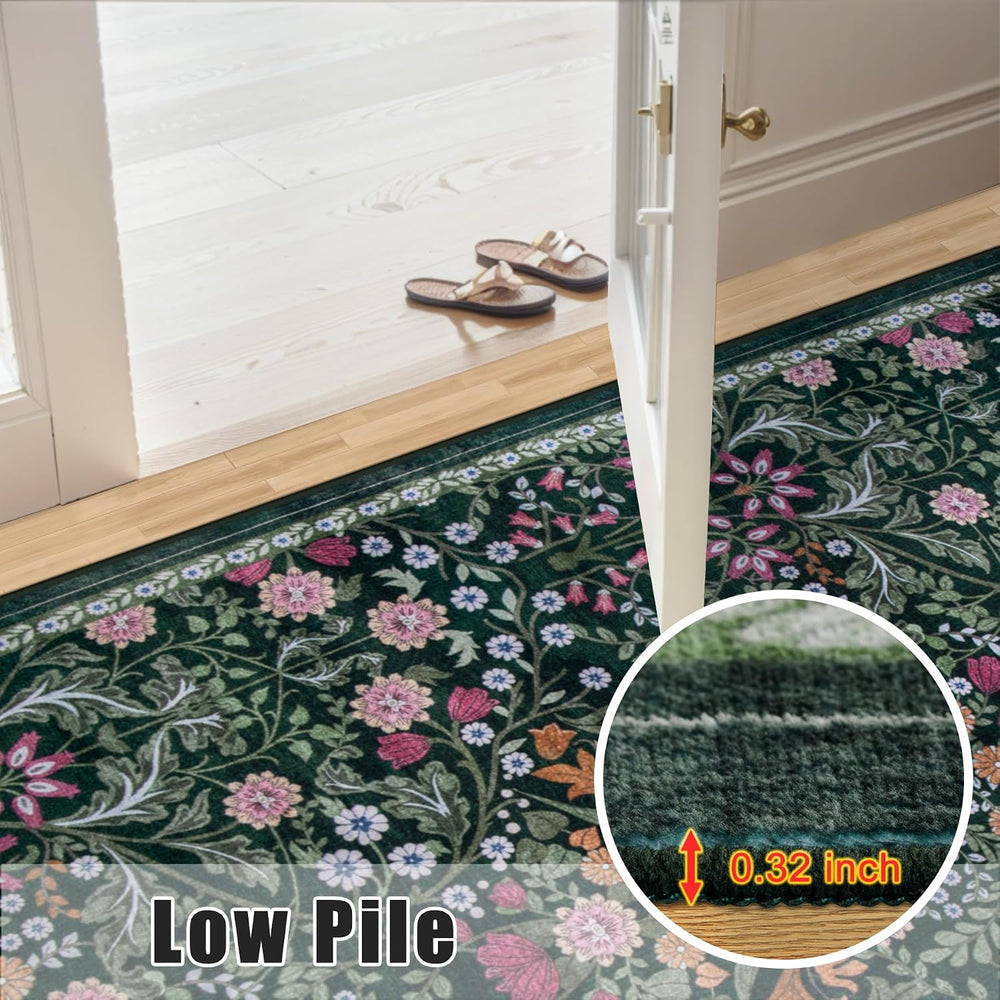 PLHXFR 8x10 Area Rug Living Room: Floral Washable Boho Carpet Dark Green