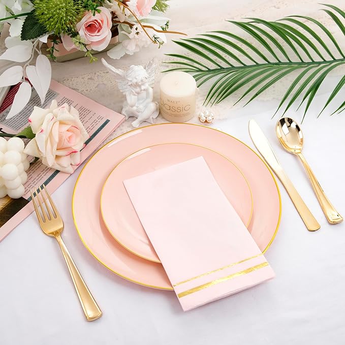 NOCCUR 350PCS Pink and Gold Plastic Plates - Pink Disposable Plastic Dinnerware Set for 50 Guests Include 50 Dinner Plates,50 Dessert Plates,150 Gold Cutlery,50 Cups&50 Napkins for Party&Wedding