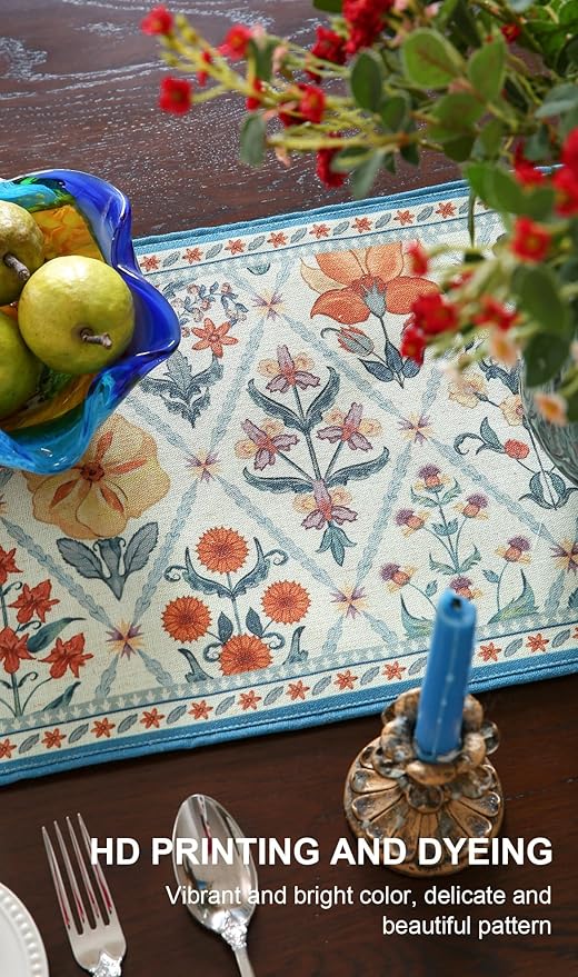 ISAENNE Designer Bohemian Elegant Linen Table Runner 102 Inches Long,Colorful Flower Pattern Table Runners for Dining Tables,Thanksgiving,Kitchen Tables,Christmas,12"*102"-Floralsea A