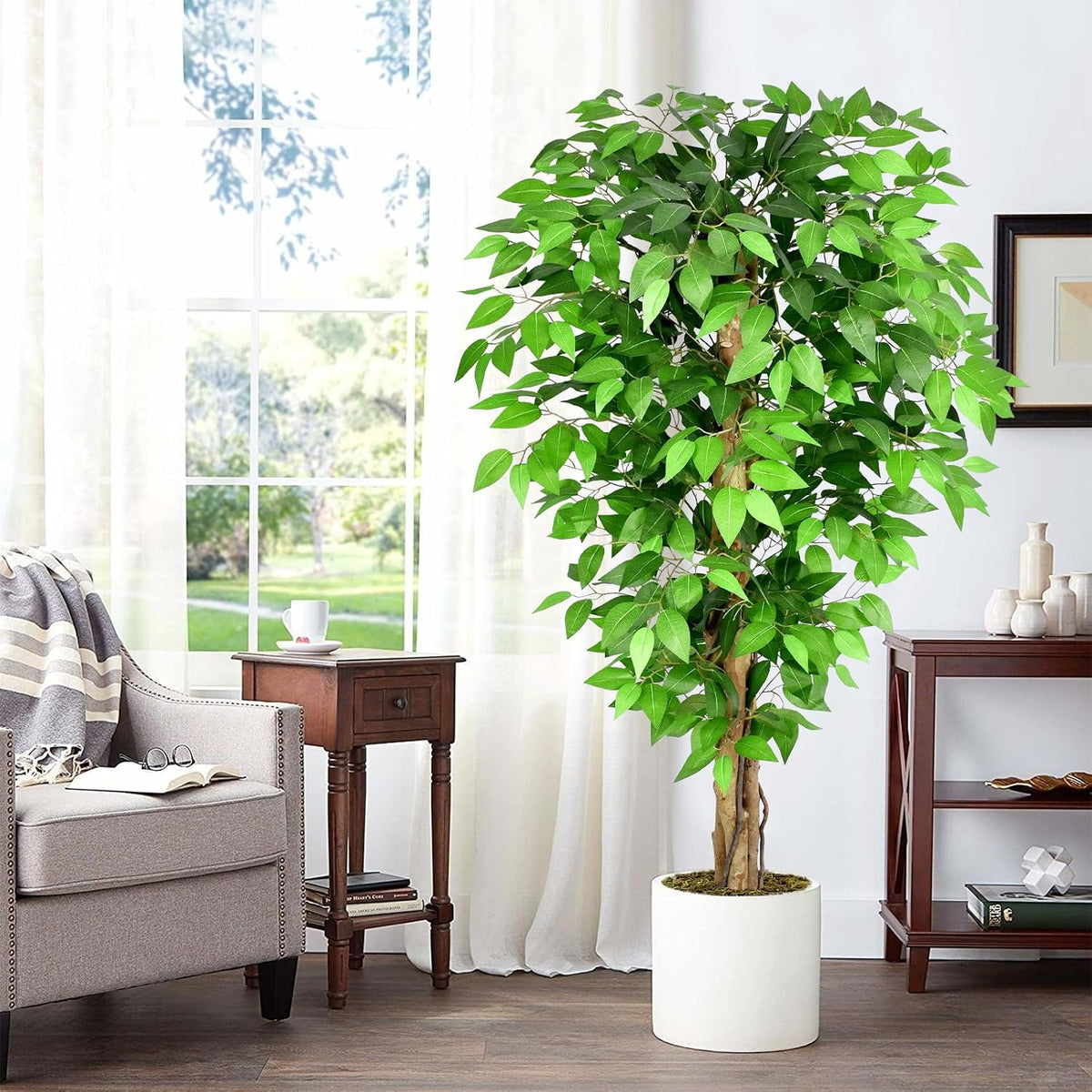 5ft Ficus Artificial Trees with Natural Curved Trunks, 60" Tall Lush Faux Tree for Home Decor Indoor, Green Lifelike Fake Ficus Tree Artificial Plants (Set of 2)