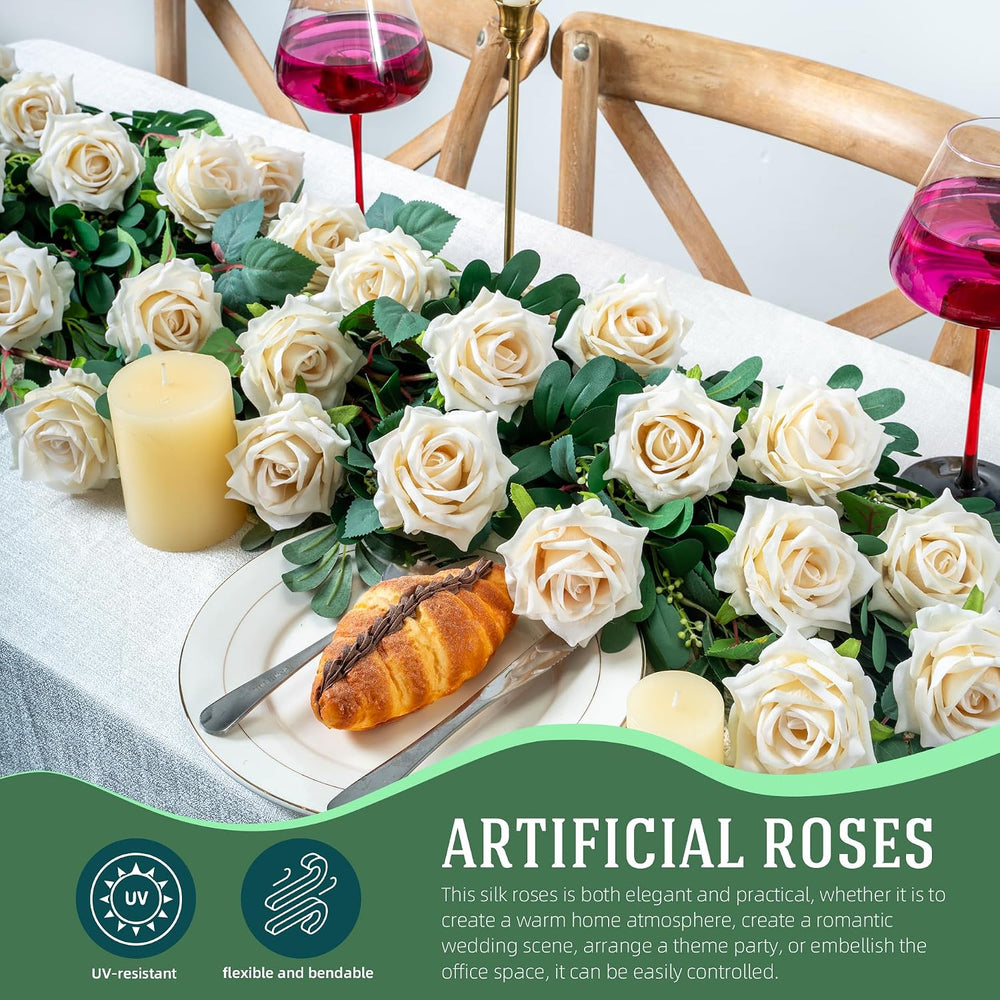 12PCS Artificial Roses with Stems, Realistic White Fake Roses, Silk Rose Flow...