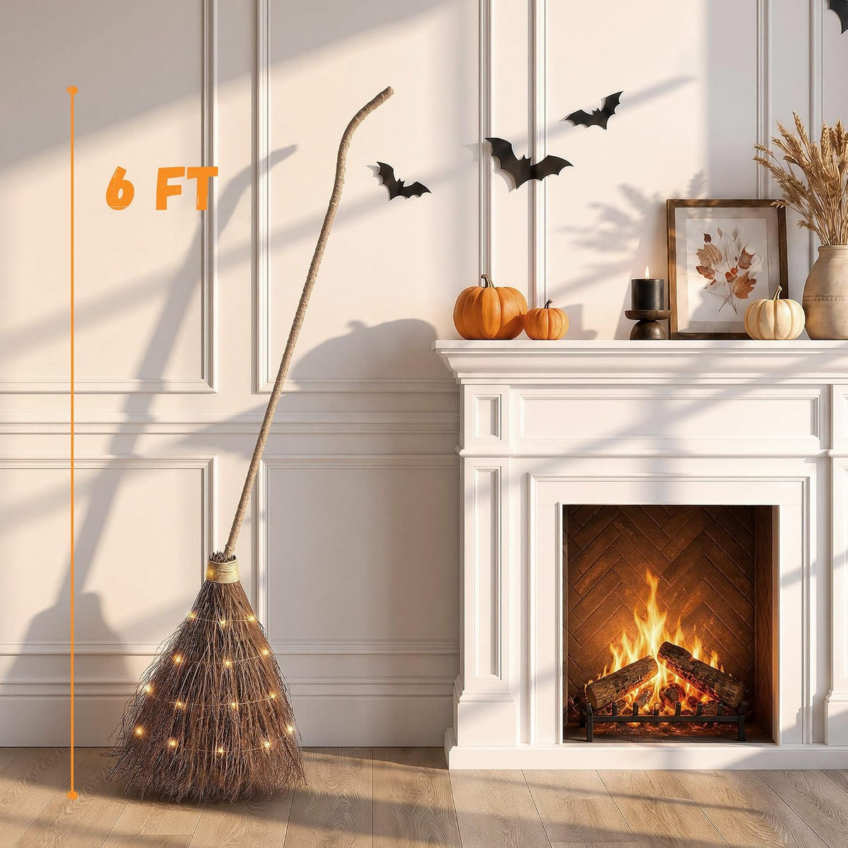 Halloween Decorations - 6 FT Giant Light Up Witch Broom, Vintage Witches Broomstick Fall Decor with LED Lights, Rustic Farmhouse Halloween Broom for Indoor Outdoor Porch Yard Lawn