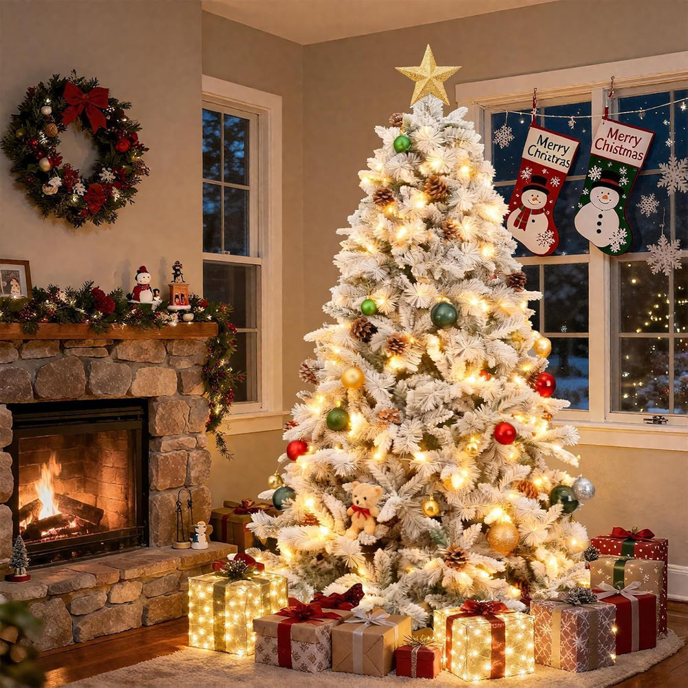 7ft Snow-Flocked Artificial Christmas Tree, LED pre-lit Holiday Xmas Tree for...