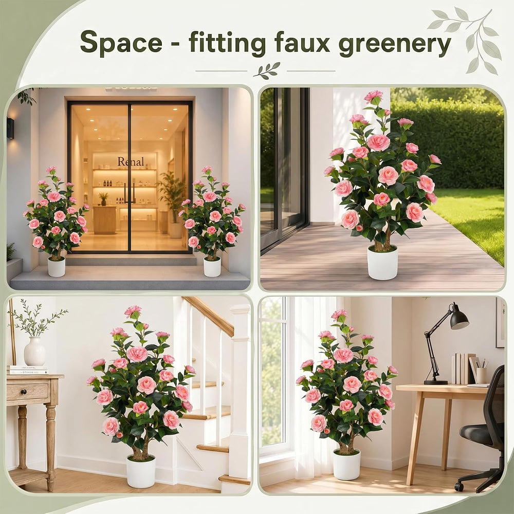 2 Pack 3FT Artificial Camellia Trees with Pink Flowers