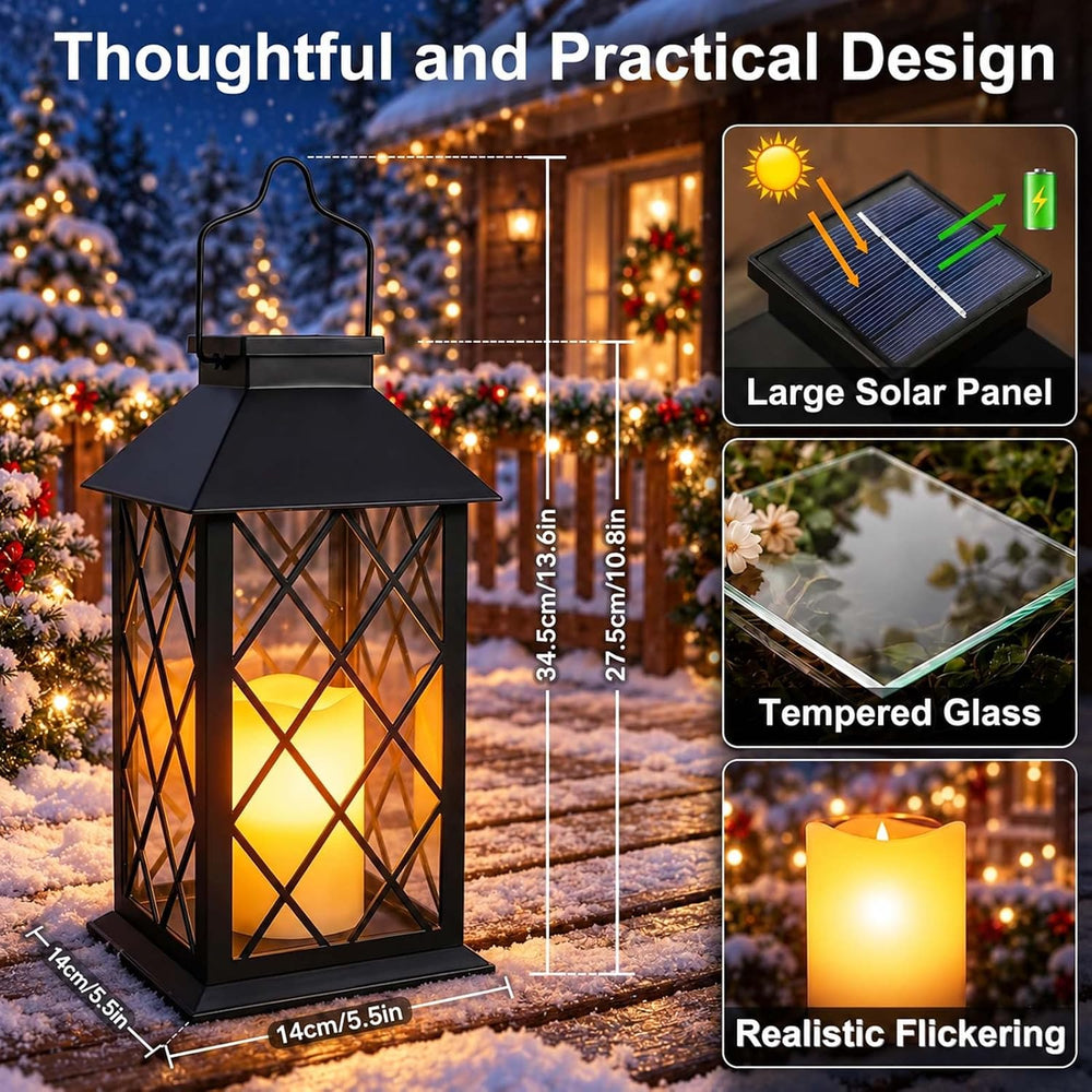 2 Pack 14'' Black Large Outdoor Solar Lanterns Outdoor Waterproof