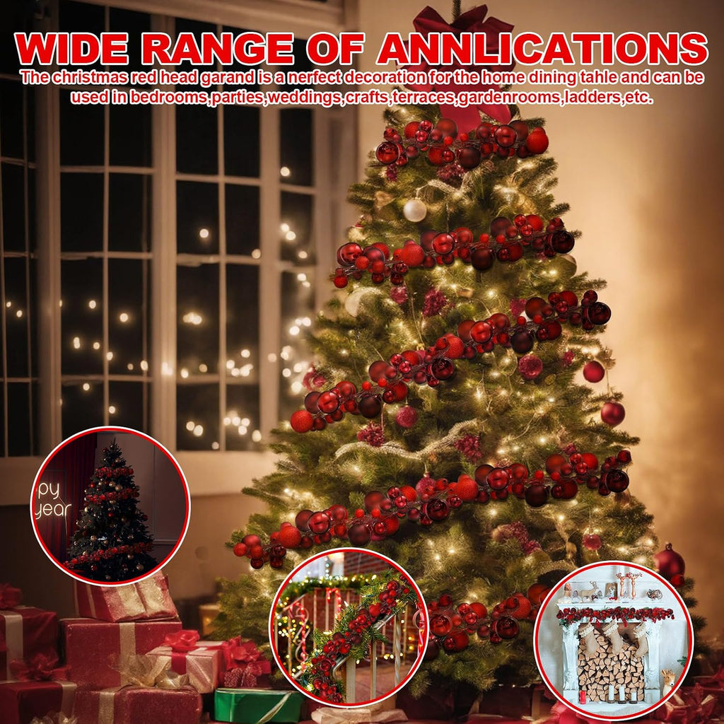 6 ft christmas ball ornament garland, burgundy, side view