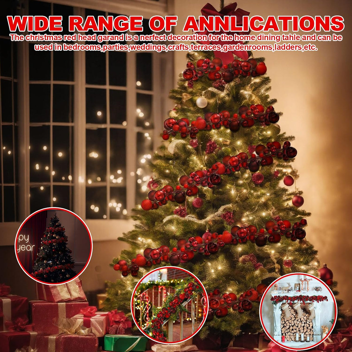 6 ft christmas ball ornament garland, burgundy, side view