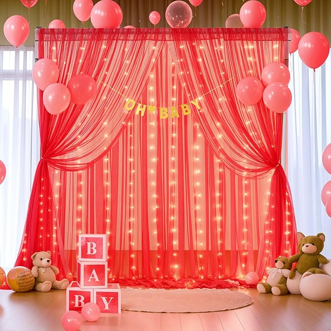 Red Tulle Backdrop Curtain with Lights String for Parites 10x8ft Red Sheer Backdrop Curtains Drapes for Birthday Party Bridal Shower Baby Shower Christmas Wall Photo Booth Background Decorations