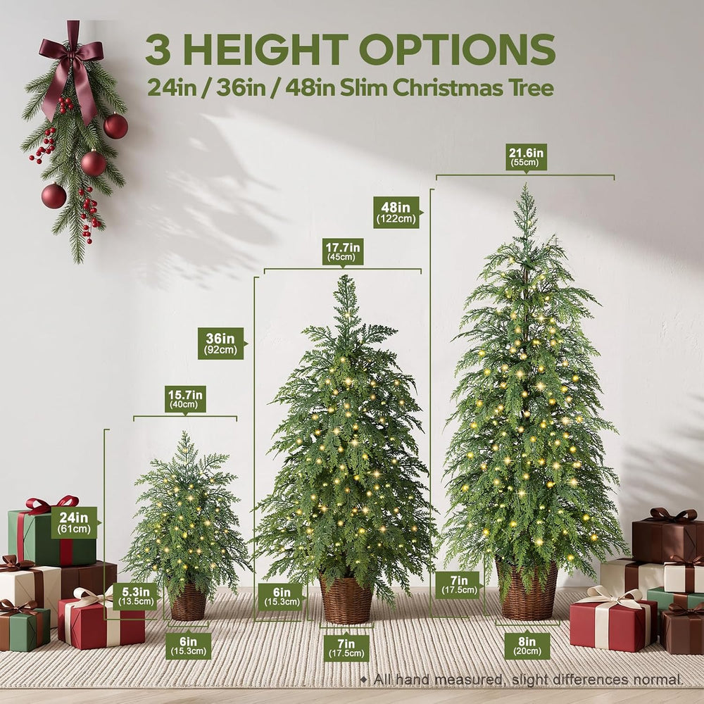 VeriNatural 2ft 3ft 4ft Prelit Twinkle Christmas Trees in Woven Baskets