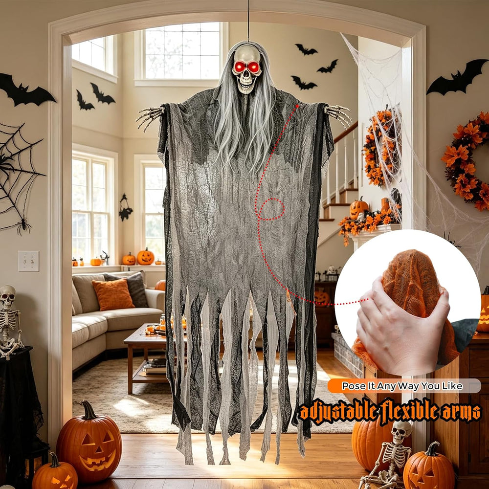 3 Pack Halloween Hanging Skeleton Ghost Decorations with Light Up Red Eyes