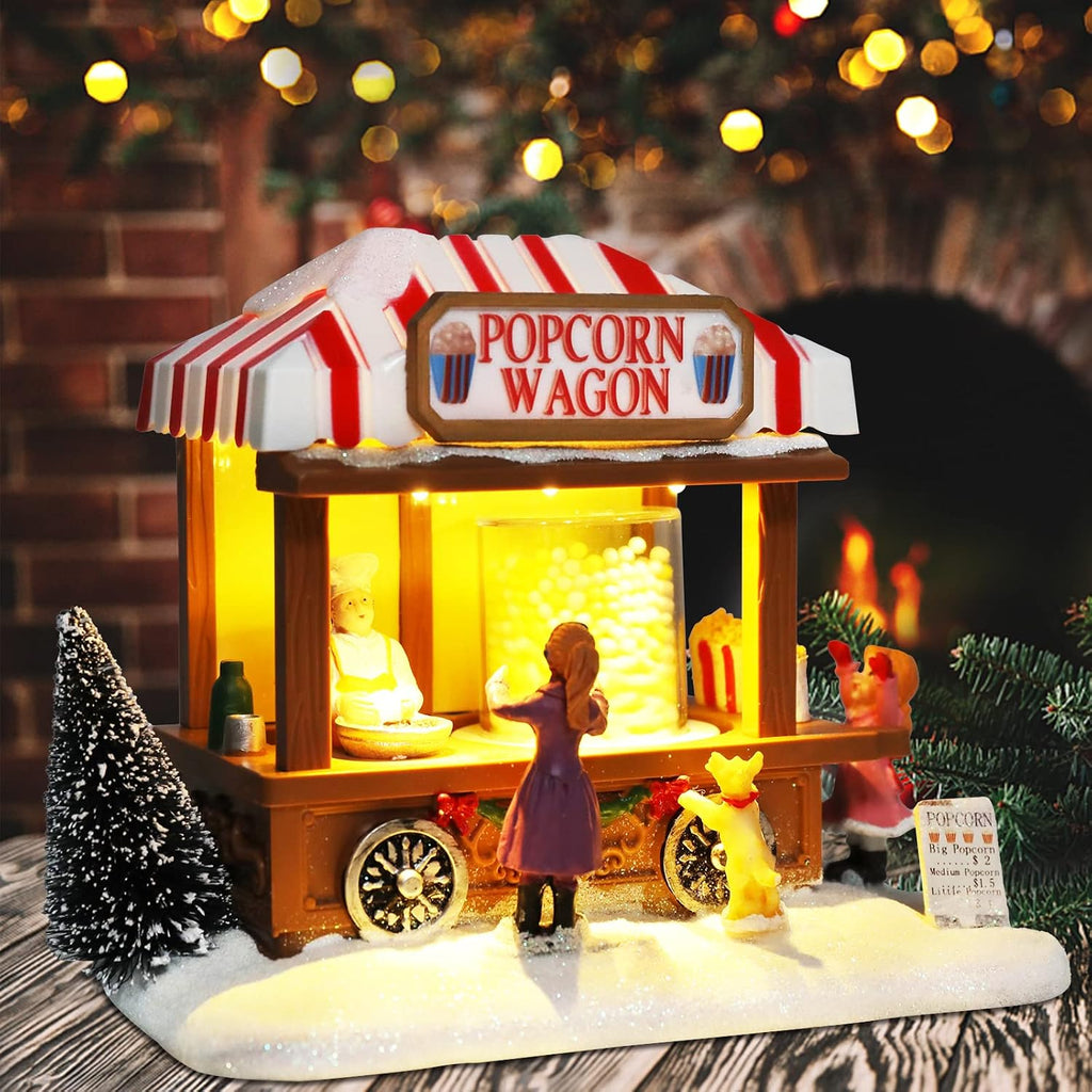 MUMTOP Christmas Village House, Animated Popcorn Wagon with Light and Music