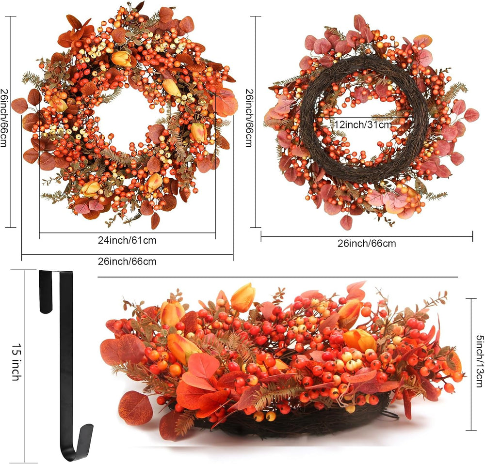 Thanksgiving Fall Wreath for Front Door 26 Inch Berries Autumn Wreaths