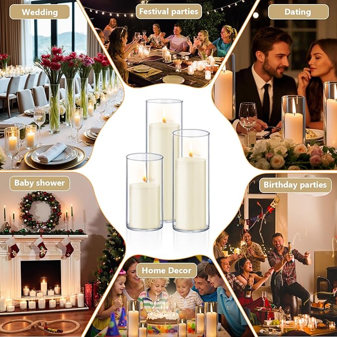 24 PCS Ivory White Pillar Candles with Glass Candle Holders Clear Hurricane Candle Holders Glass Cylinder Vases for Centerpieces Wedding Party, Event, Home Office (12 Candles+12 Candle Hoders)