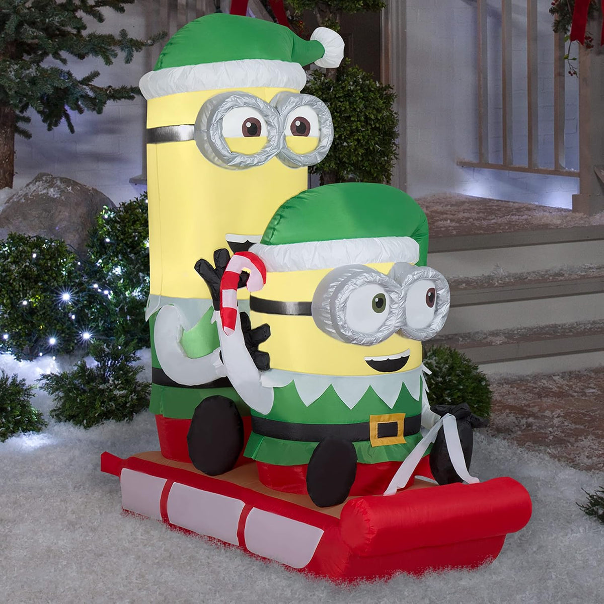 gemmy 4.5 ft minions on sled christmas inflatable shown in use