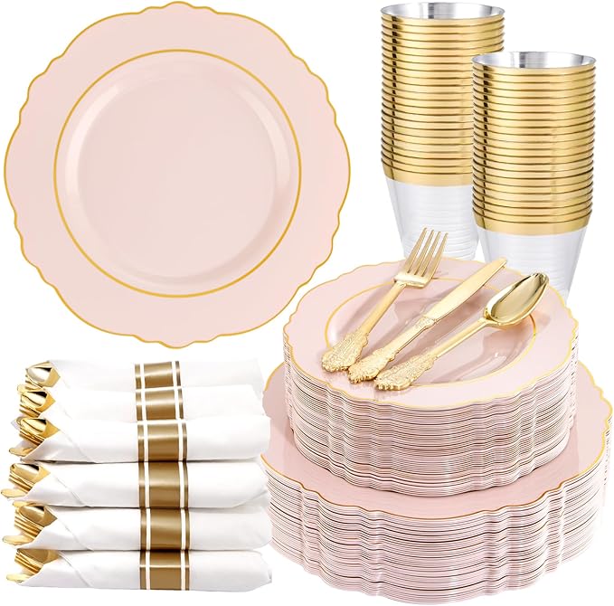 Liacere 350PCS Pink Plates Disposable - Pink and Gold Plates 50guest Baroque Plastic Dinnerware include 100Plates, 50Pack Pre Rolled Napkins with Silverware 50Cups Perfect for Wedding＆Mother's Day