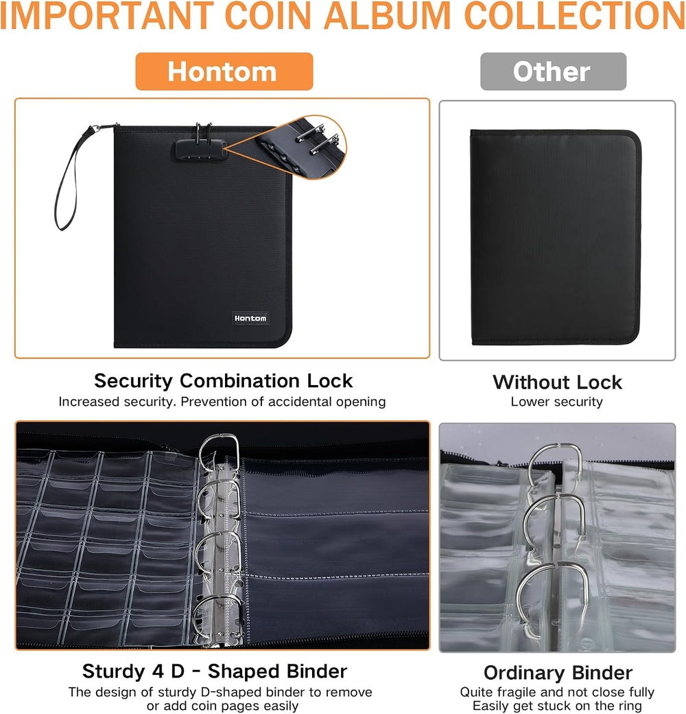 400-Pocket Fireproof Coin Book with Lock & 36 Paper Currency Binder Sleeves