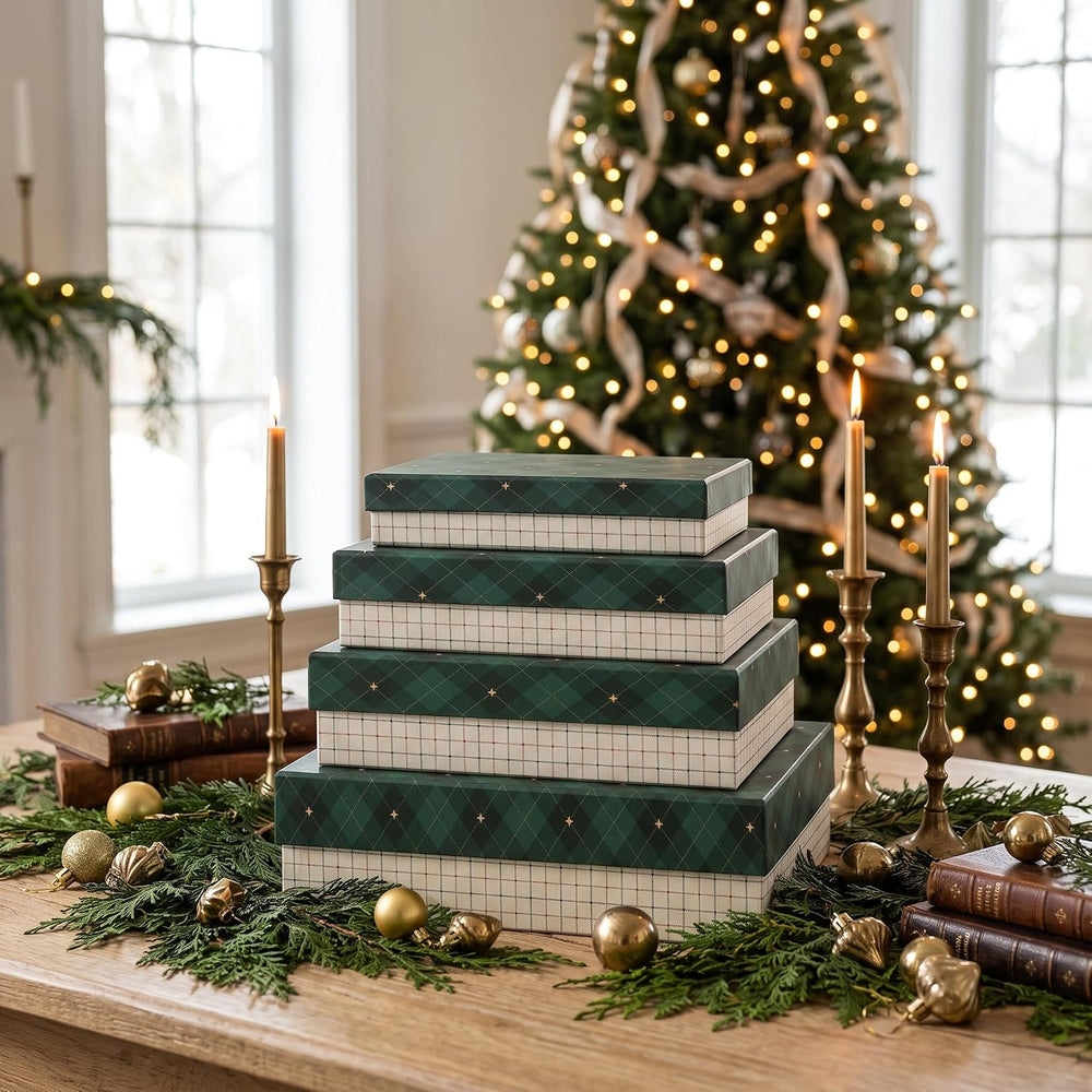 Soul & Lane - Check Christmas Gift Boxes with Lids, Set of 4, Holiday Boxes