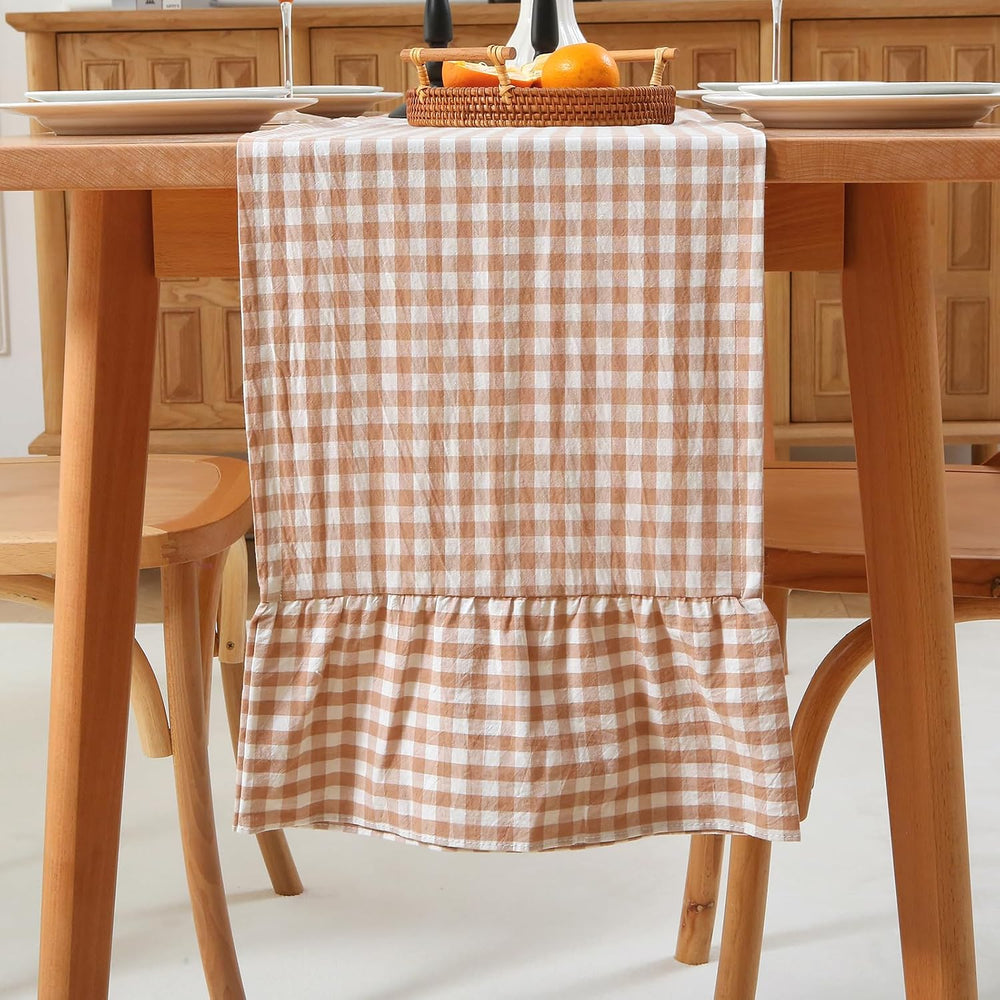 Taupe White Plaid Gingham Ruffle Table Runner Cabinet Cover 13"x120"