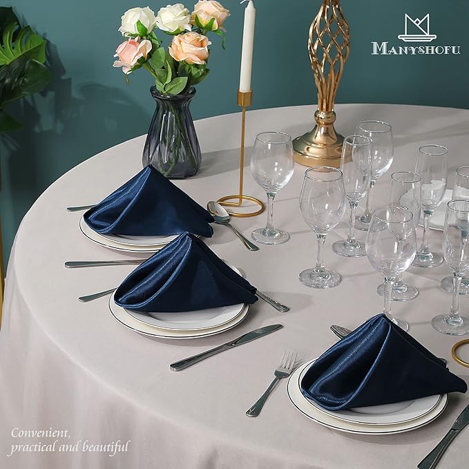 Manyshofu 60 Navy Blue Satin Napkins - 20x20 Inches Square Fabric Napkins Set - Soft & Reusable for Wedding Dinner Party Lunch (60 Pieces)
