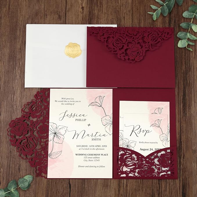 DORIS HOME 50pcs Laser Cut Wedding Invitation Pockets with Envelopes Burgundy, 5.12" x 7.12"Invitation Cards for Wedding, Anniversary (No Inserts Included)