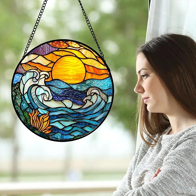 Stained Glass Window Hanging, Orange Sun Blue Sea Waves Landscape Suncatcher for Doors Window Home Sun Catchers Decor Mother's Day Birthday Gifts for Women, Men Mom 15 in