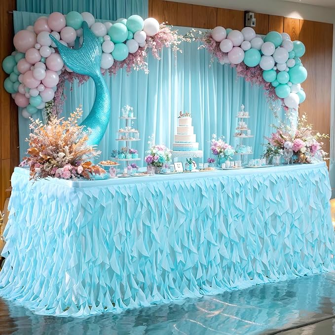 Partisky Aqua Blue Tulle Curly Willow Table Skirt for Rectangle Table 14ft, Ruffle Tutu Table Cloth for Boys Baby Shower,Birthday Party Candy Cake Tables