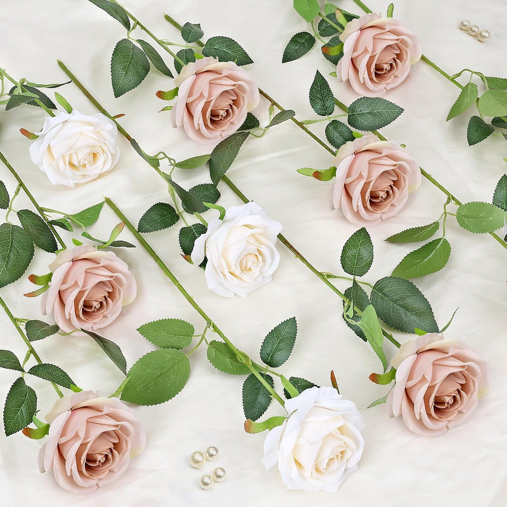 48 PCS Boho & Champagne Roses Artificial Flowers, Silk