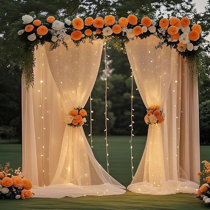 10 * 8FT Beige Pearl Tulle Double Layered Backdrop Curtain with Lights String and Lining Fabric for Wedding Baby Shower Birthday Parites Photo Decorations