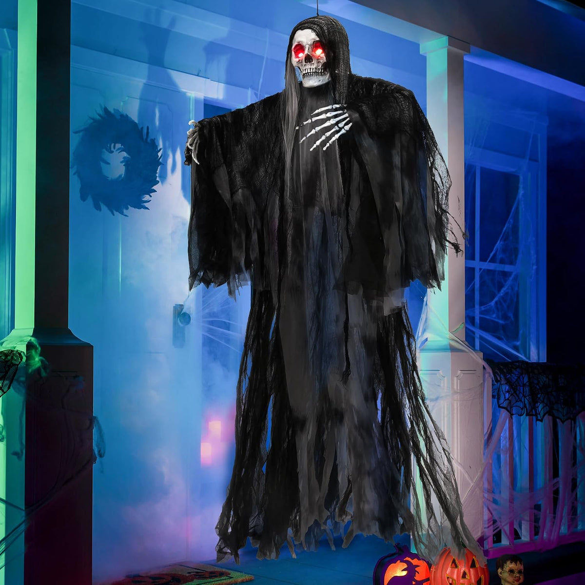 JOYIN Halloween Animated Hanging Grim Reaper Outdoor Decorations with Voice Control Glowing Eyes and Creepy Sound, Halloween Decoration for Haunted House Prop Graveyard Lawn Indoor Party Supplies