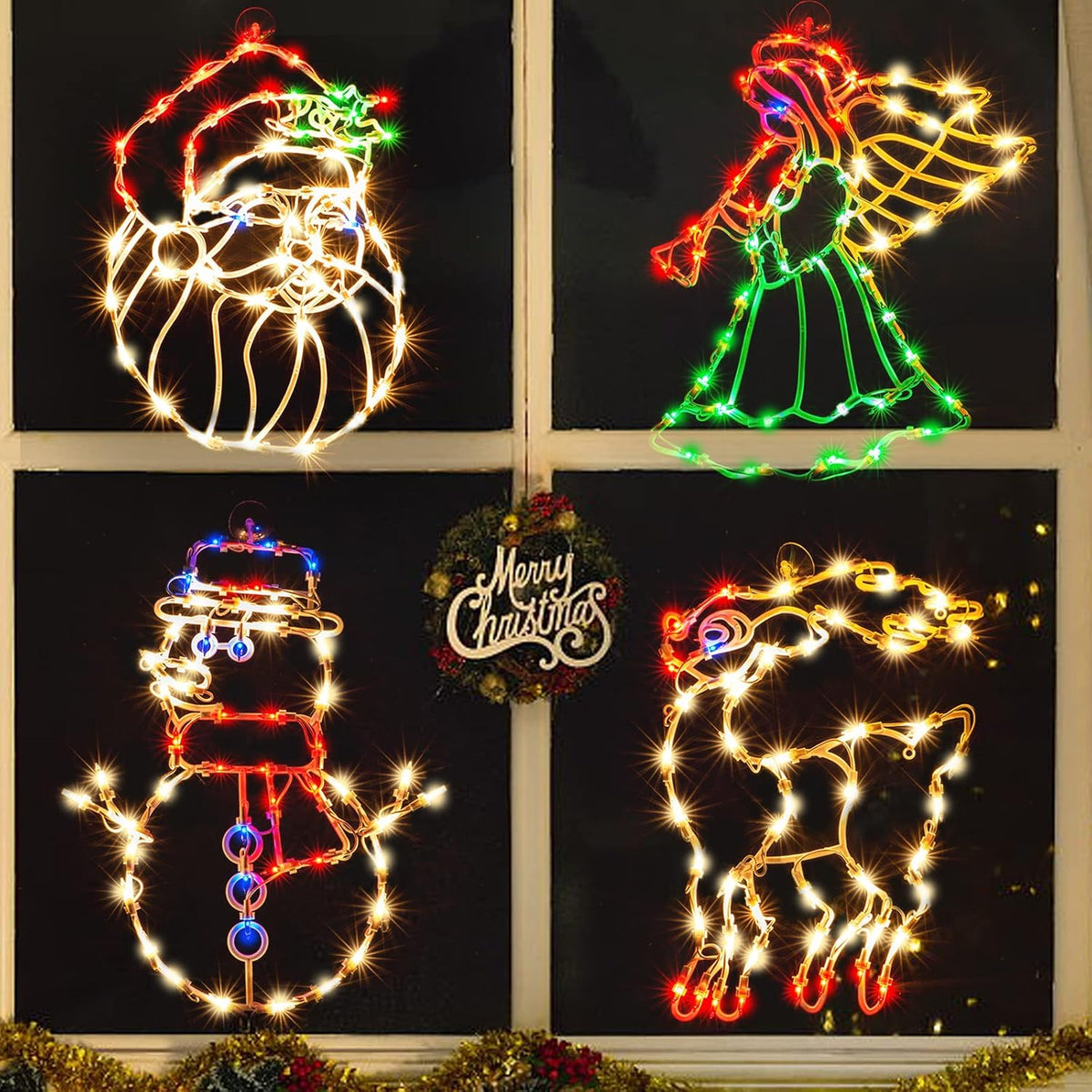 200L19'' 4 Pack Christmas Window Silhouette Lights Decorations, Window Lighted Angel x1,Snowman x1,Reindeer x1,Santa x1 for Home Indoor Wall, Patio Lawn