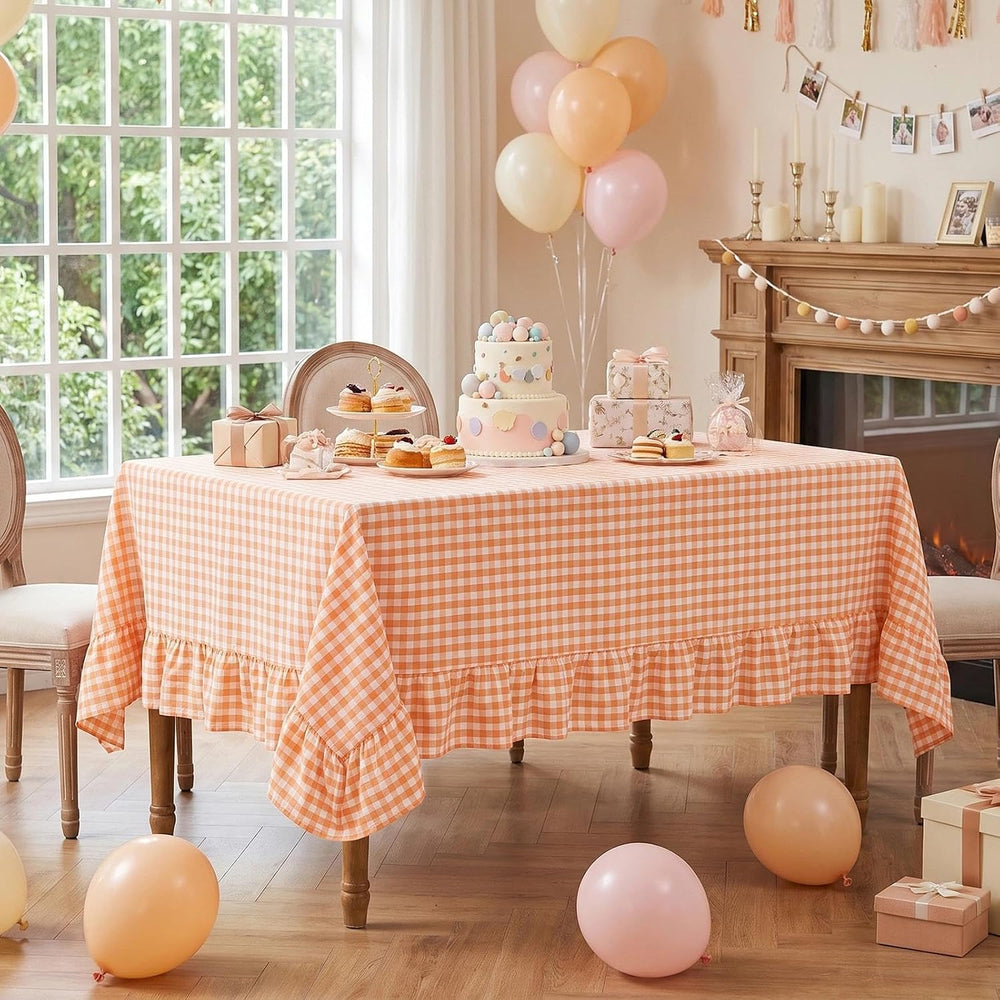 Eternal Beauty Gingham Ruffled Tablecloth Orange White 60x102 Thanksgiving
