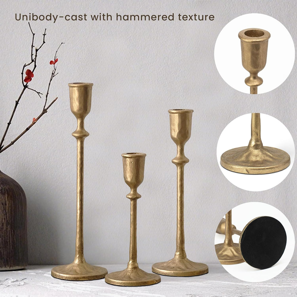 Antique Brass Gold Candlestick Holders Set of 3, Iron Taper Candle Holder
