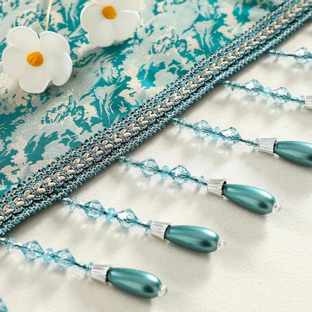 Victorian Damask Jacquard Waterfall Valance, 79 x 43, Teal Blue