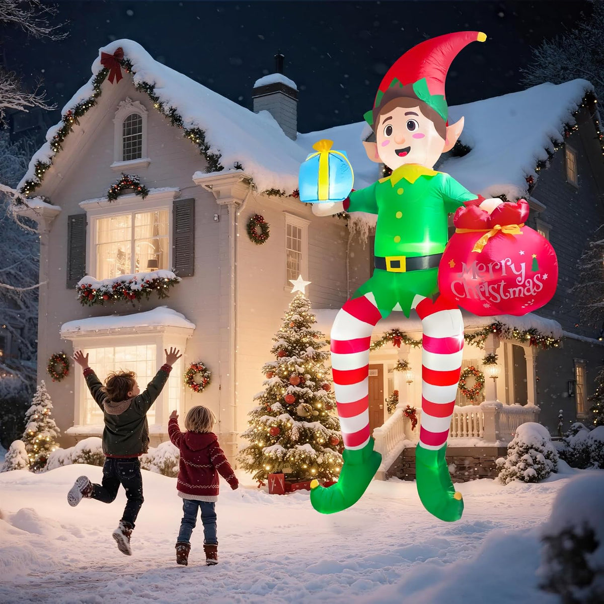 10FT Christmas Inflatable Outdoor Decoration, Sitting Elf Holding Gift Bag Christmas Blow up Yard Decorations with Built-in LEDs, Buddy the Elf Inflatable for Lawn Garden Roof Xmas Roof Decor