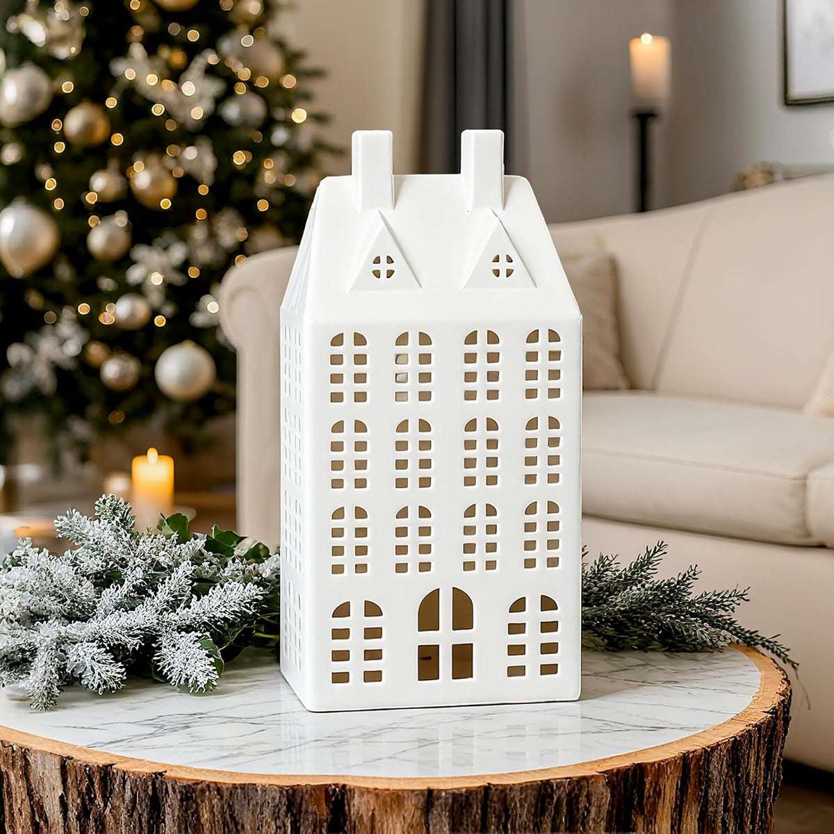 DN DECONATION Light Up Christmas Village House, White Ceramic House Decor